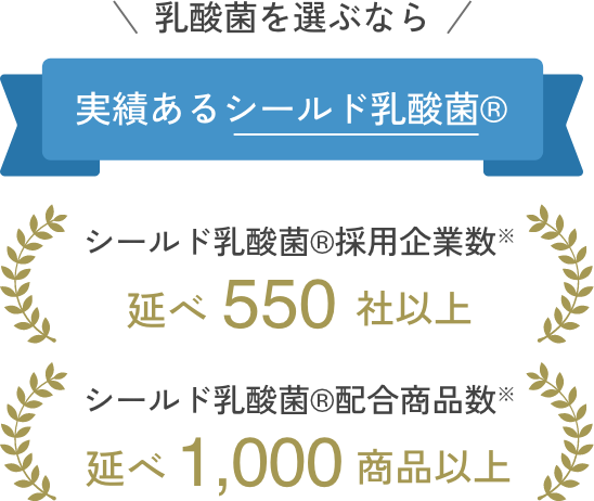 乳酸菌を選ぶなら実績あるシールド乳酸菌&reg; シールド乳酸菌&reg;採用企業数※延べ550社以上 シールド乳酸菌&reg;配合商品数※延べ1,000商品以上