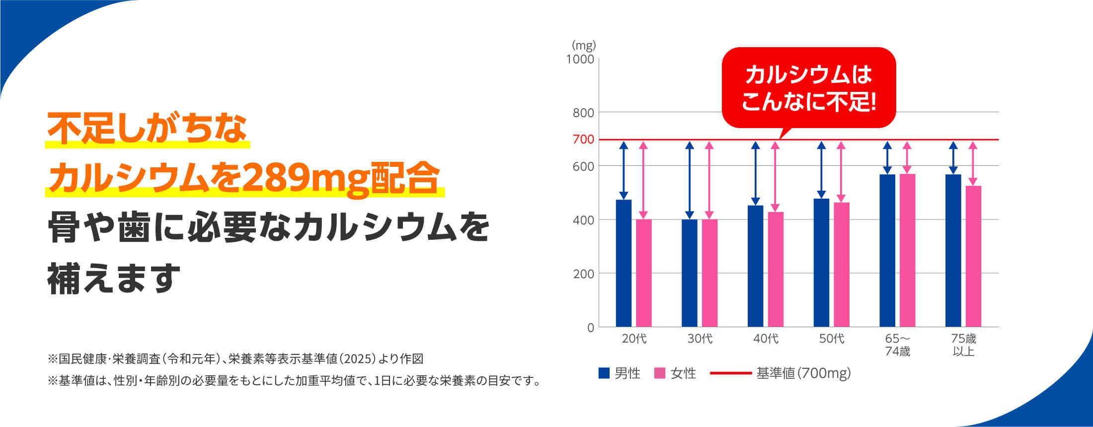 不足しがちなカルシウムを289mg配合 骨や歯に必要なカルシウムを補えます ※国民健康・栄養調査（令和元年）、栄養素等表示基準値（2025）より作図 ※基準値は、性別・年齢別の必要量をもとにした加重平均値で、1日に必要な栄養素の目安です。