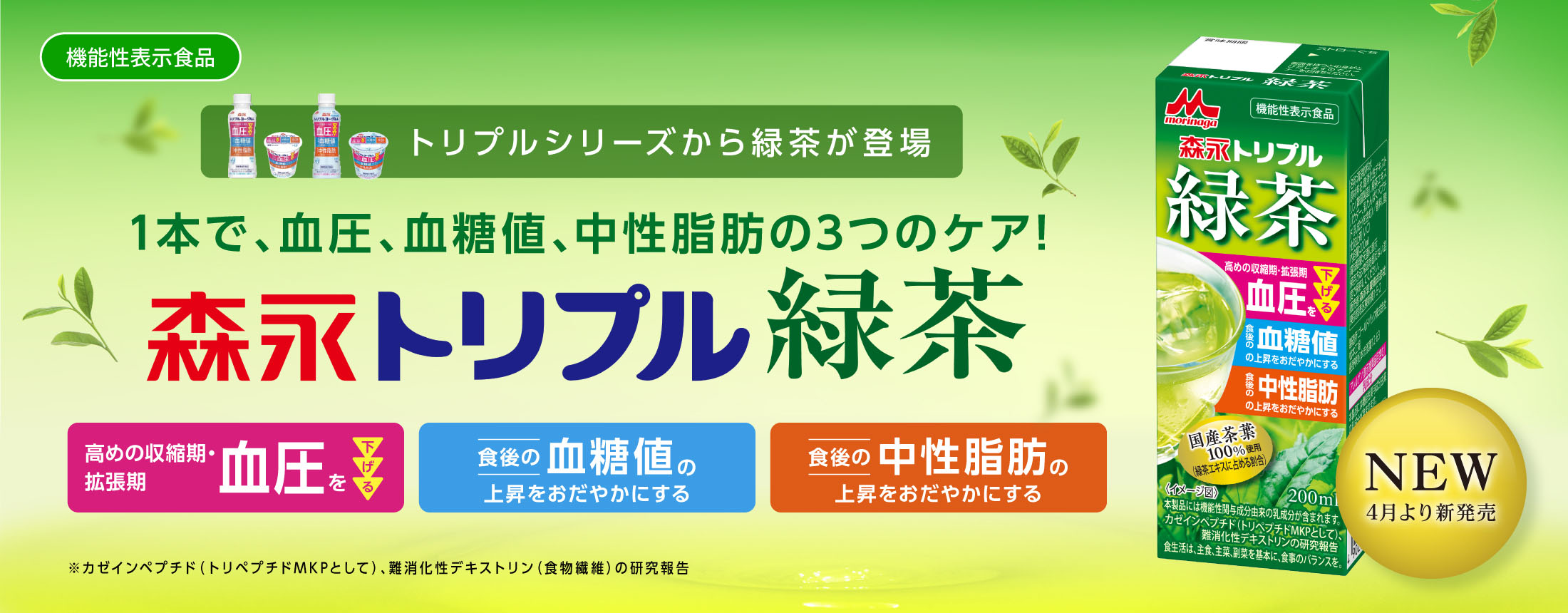 機能性表示食品 トリプルシリーズから緑茶が登場 1本で、血圧、血糖値、中性脂肪の3つのケア! 森永トリプル　緑茶 高めの収縮期・拡張期 血圧を下げる 食後の血糖値の上昇をおだやかにする 食後の中性脂肪の上昇をおだやかにする ※カゼインペプチド(トリペプチドMKPとして)、難消化性デキストリン（食物繊維）の研究報告 NEW4月より新発売